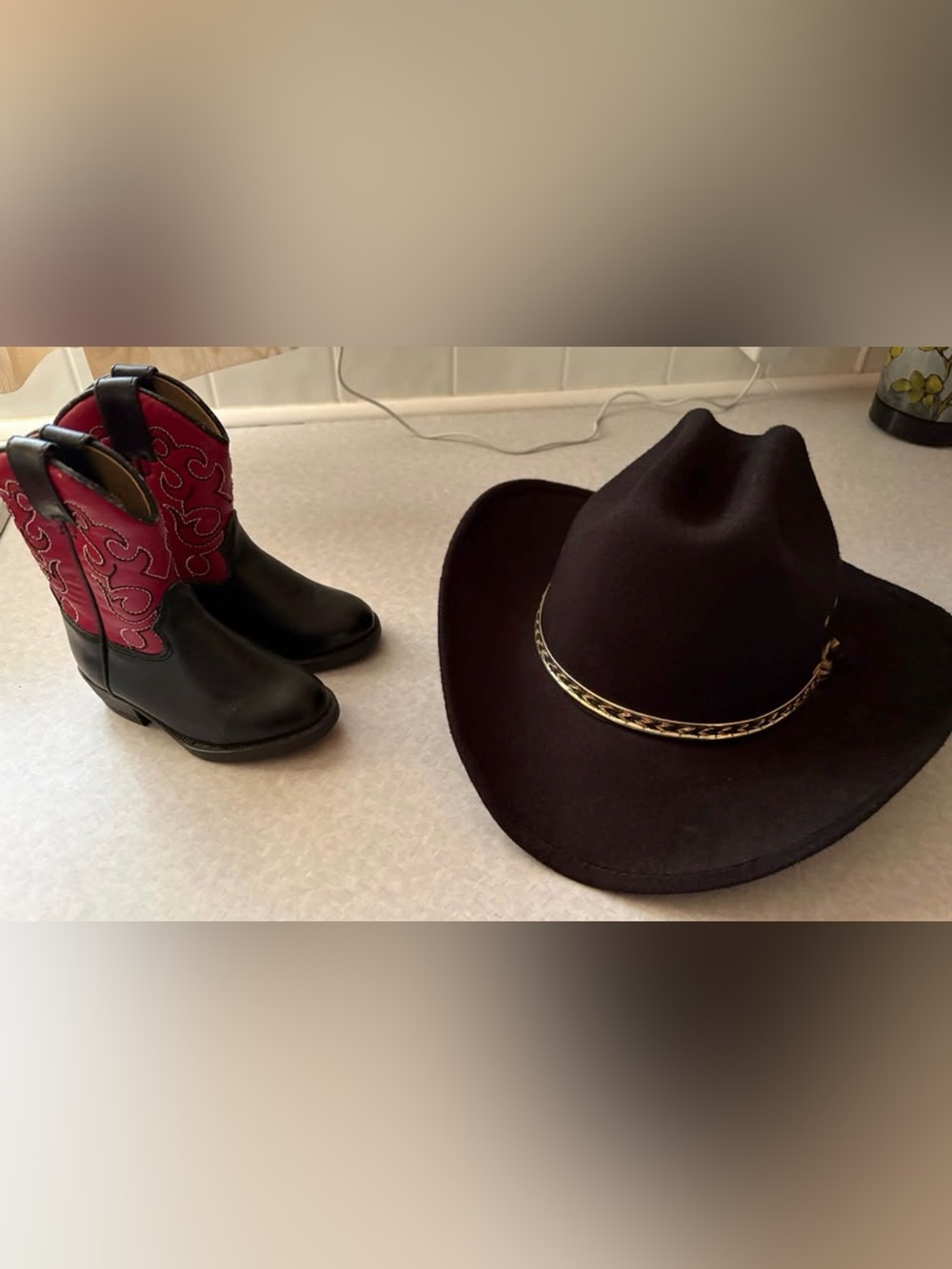 Black Felt Western Hat from Lammles with Gold Chain Trim and Cowboy Boots
